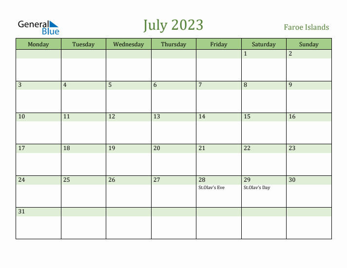 July 2023 Calendar with Faroe Islands Holidays