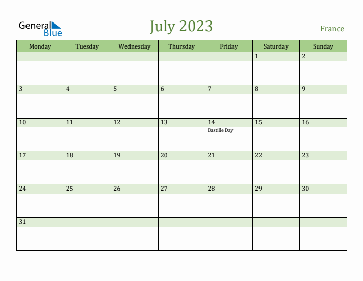 July 2023 Calendar with France Holidays