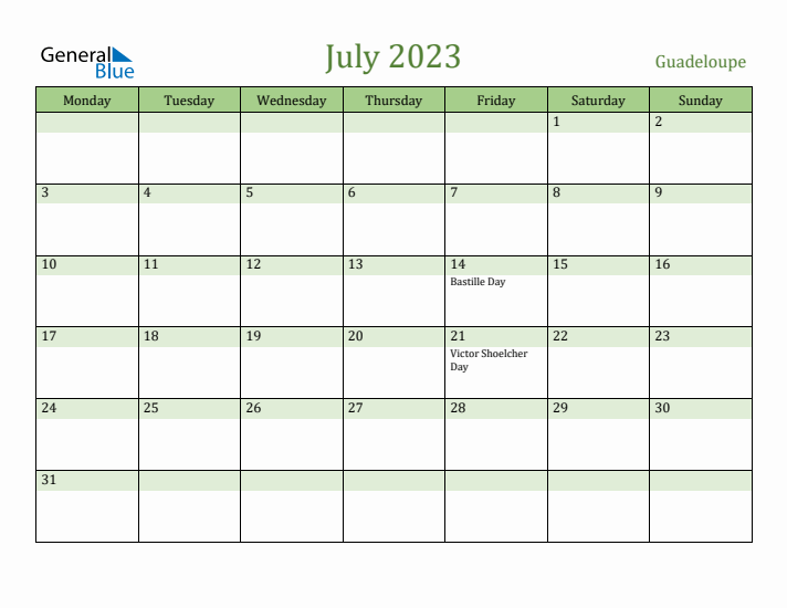 July 2023 Calendar with Guadeloupe Holidays
