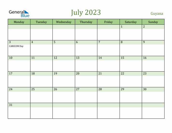 July 2023 Calendar with Guyana Holidays