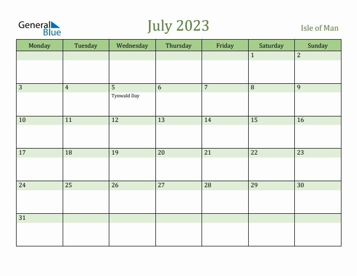 July 2023 Calendar with Isle of Man Holidays