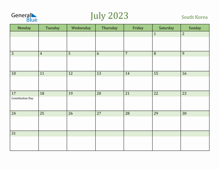 July 2023 Calendar with South Korea Holidays