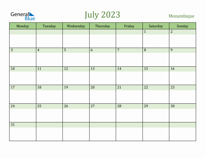 July 2023 Calendar with Mozambique Holidays