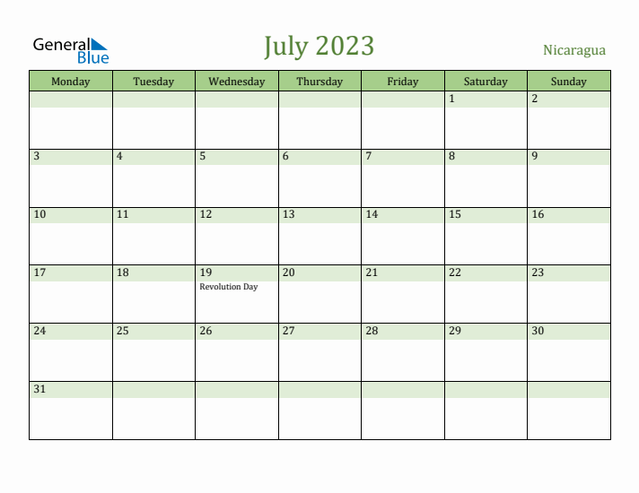 July 2023 Calendar with Nicaragua Holidays