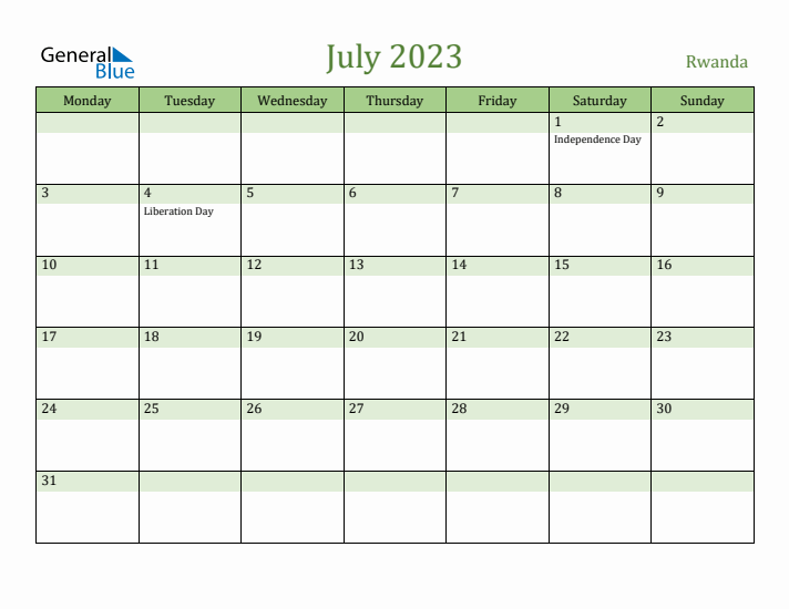 July 2023 Calendar with Rwanda Holidays
