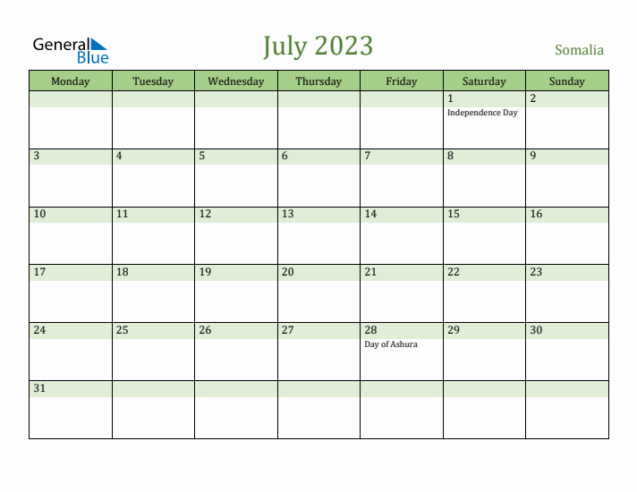 July 2023 Calendar with Somalia Holidays