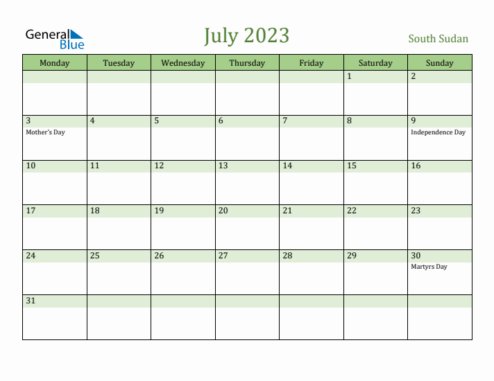 July 2023 Calendar with South Sudan Holidays