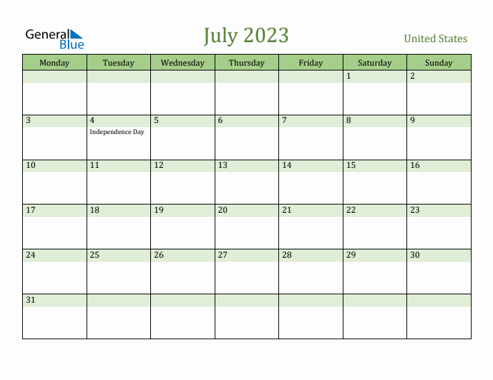 July 2023 Calendar with United States Holidays