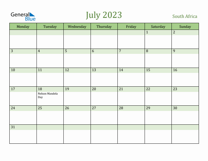 July 2023 Calendar with South Africa Holidays