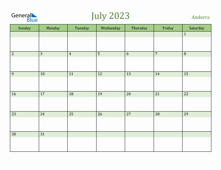 July 2023 Calendar with Andorra Holidays
