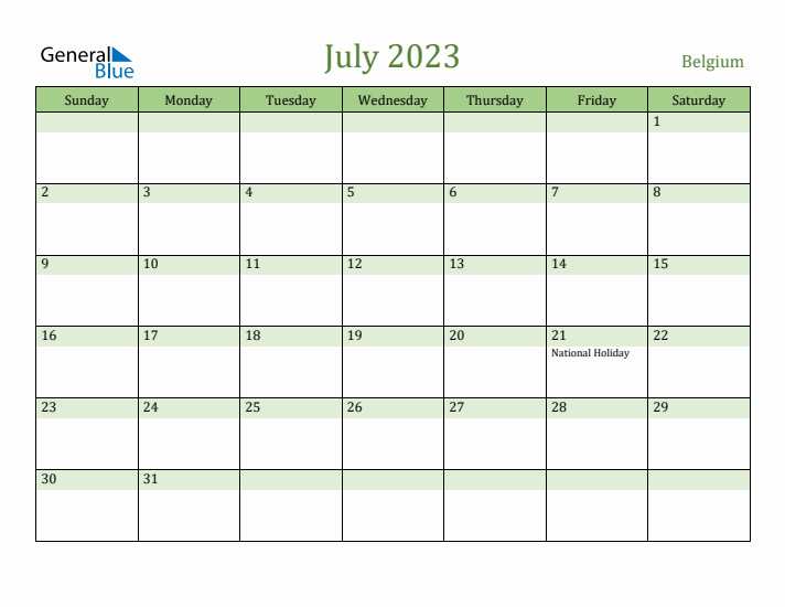 July 2023 Calendar with Belgium Holidays