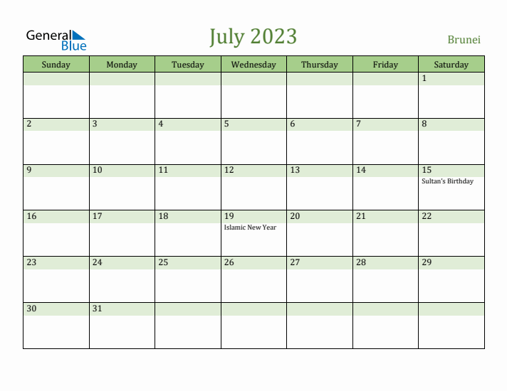 July 2023 Calendar with Brunei Holidays