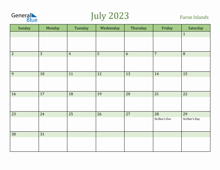 July 2023 Calendar with Faroe Islands Holidays