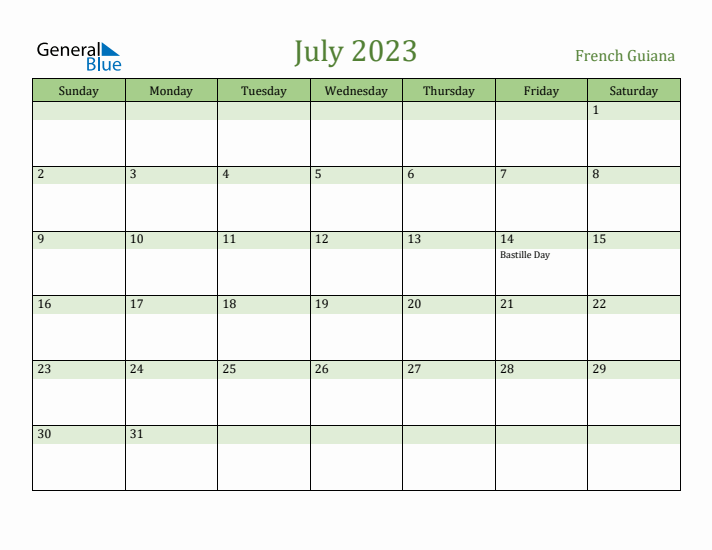 July 2023 Calendar with French Guiana Holidays