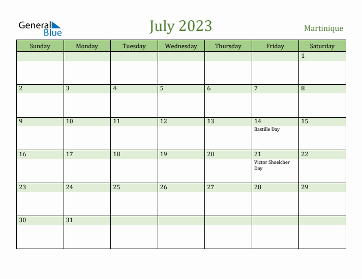 July 2023 Calendar with Martinique Holidays