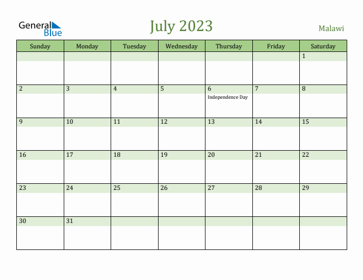 July 2023 Calendar with Malawi Holidays