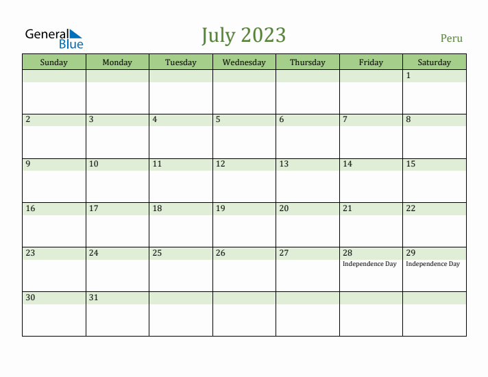 July 2023 Calendar with Peru Holidays