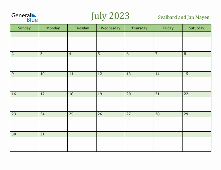 July 2023 Calendar with Svalbard and Jan Mayen Holidays