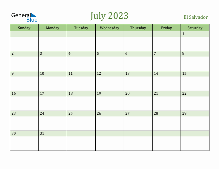 July 2023 Calendar with El Salvador Holidays