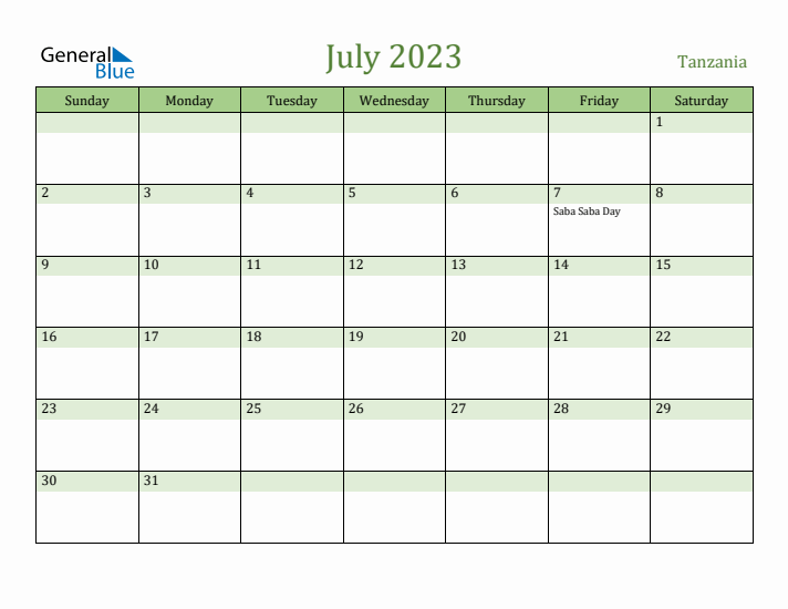 July 2023 Calendar with Tanzania Holidays