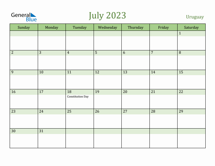 July 2023 Calendar with Uruguay Holidays