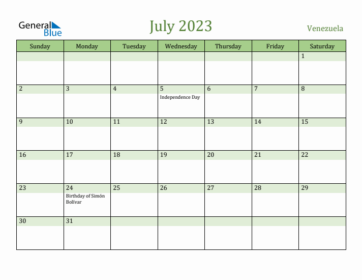 July 2023 Calendar with Venezuela Holidays