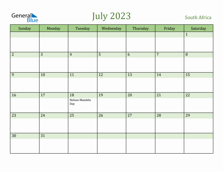 July 2023 Calendar with South Africa Holidays
