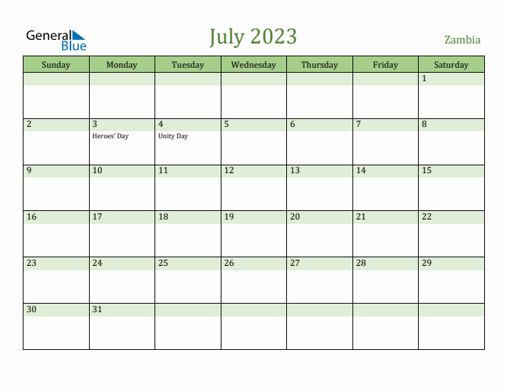 July 2023 Calendar with Zambia Holidays