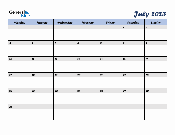 July 2023 Blue Calendar (Monday Start)