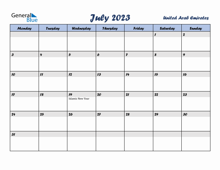 July 2023 Calendar with Holidays in United Arab Emirates