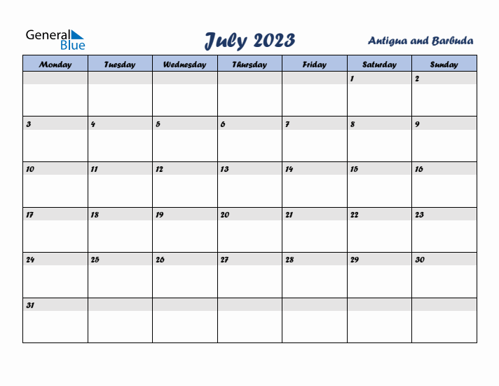 July 2023 Calendar with Holidays in Antigua and Barbuda