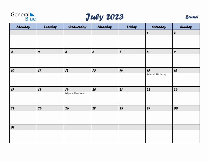 July 2023 Calendar with Holidays in Brunei