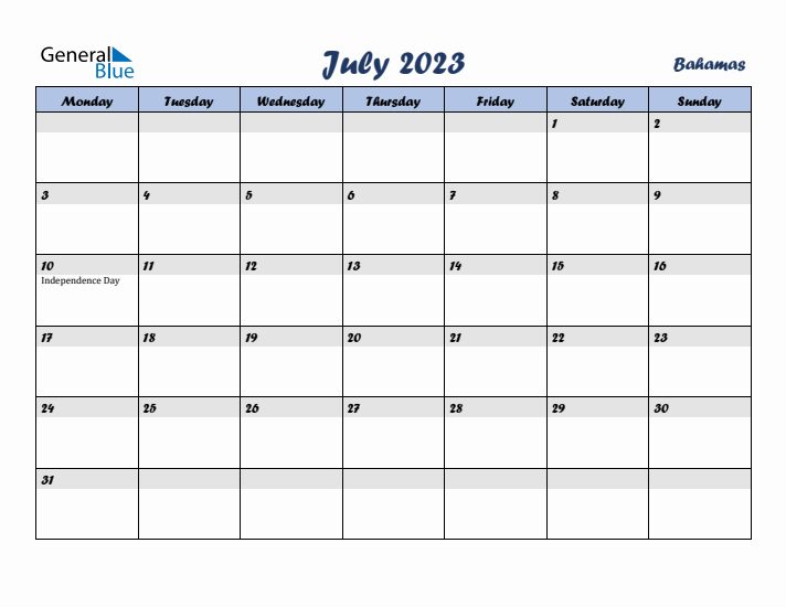 July 2023 Calendar with Holidays in Bahamas