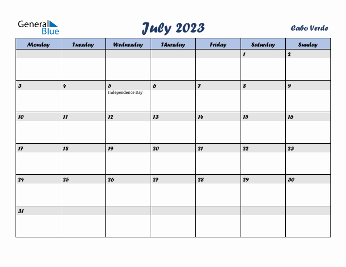 July 2023 Calendar with Holidays in Cabo Verde