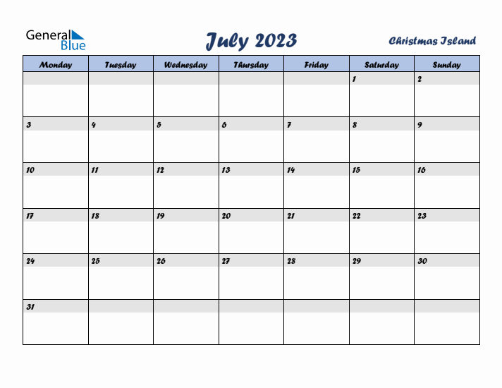 July 2023 Calendar with Holidays in Christmas Island