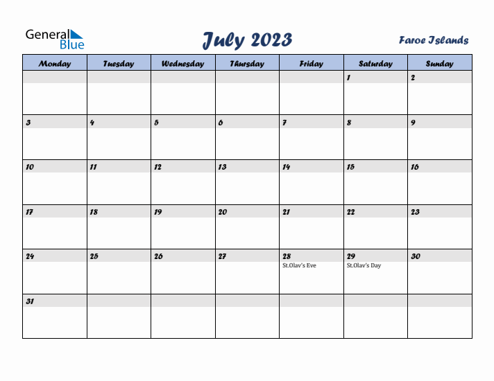 July 2023 Calendar with Holidays in Faroe Islands