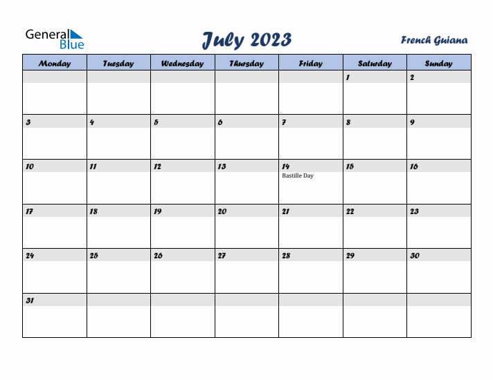 July 2023 Calendar with Holidays in French Guiana