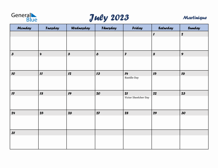 July 2023 Calendar with Holidays in Martinique