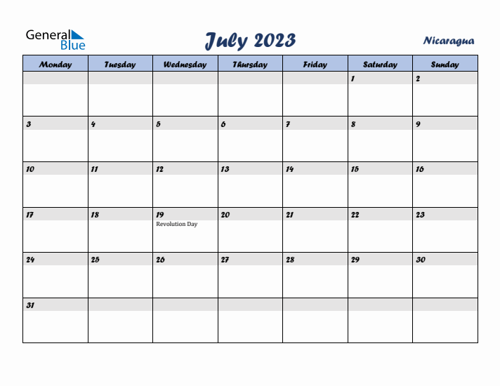 July 2023 Calendar with Holidays in Nicaragua