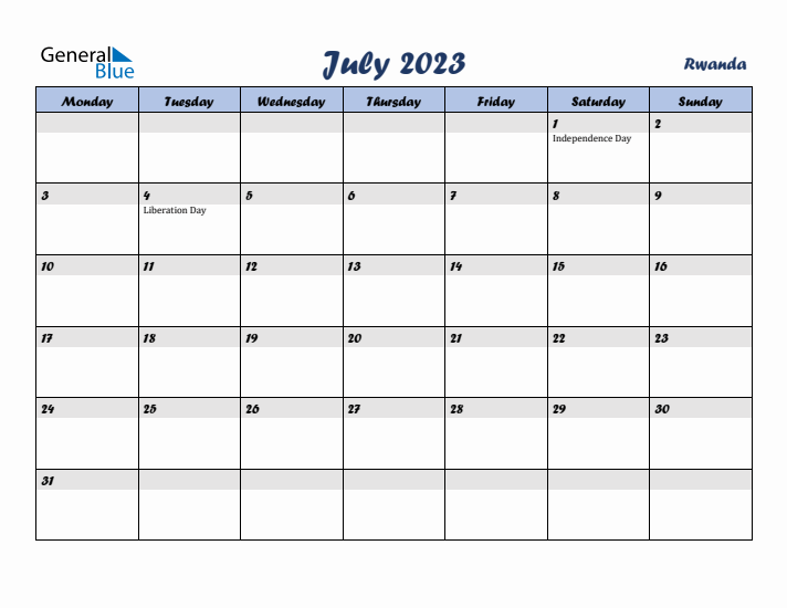 July 2023 Calendar with Holidays in Rwanda