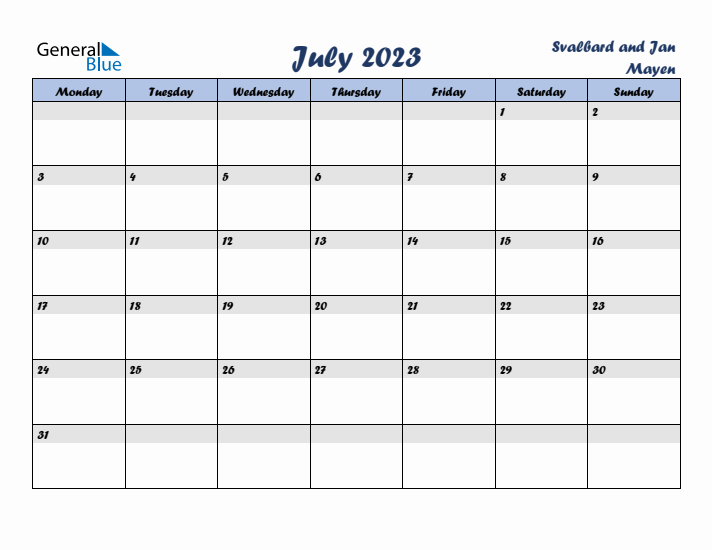 July 2023 Calendar with Holidays in Svalbard and Jan Mayen