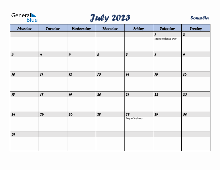 July 2023 Calendar with Holidays in Somalia