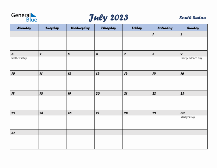 July 2023 Calendar with Holidays in South Sudan