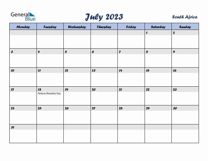 July 2023 Calendar with Holidays in South Africa