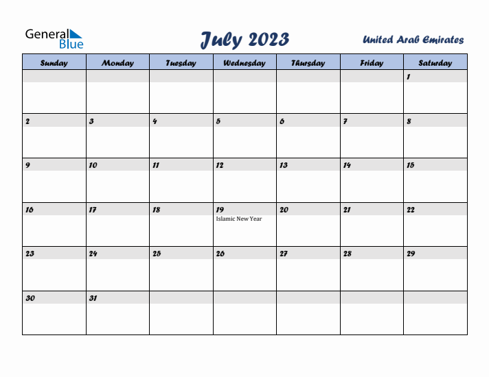 July 2023 Calendar with Holidays in United Arab Emirates