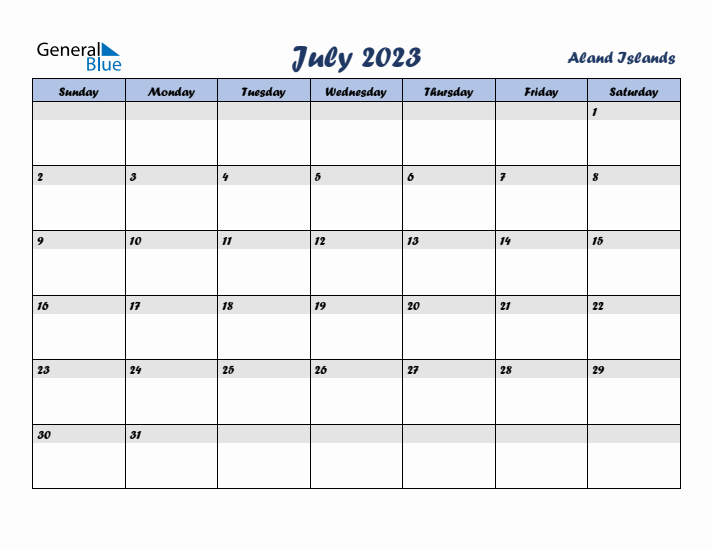 July 2023 Calendar with Holidays in Aland Islands