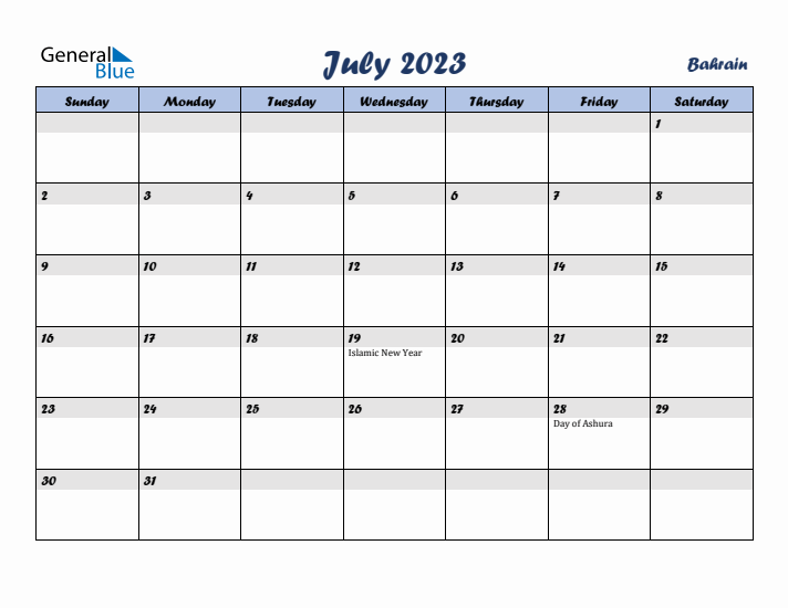 July 2023 Calendar with Holidays in Bahrain
