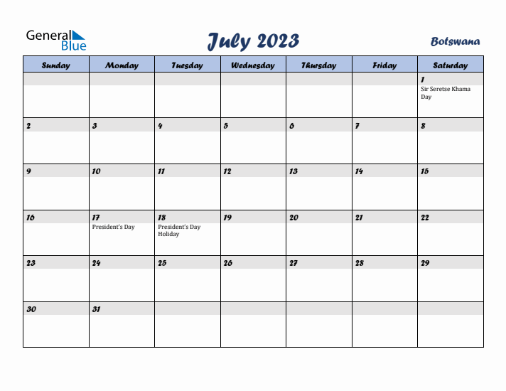 July 2023 Calendar with Holidays in Botswana