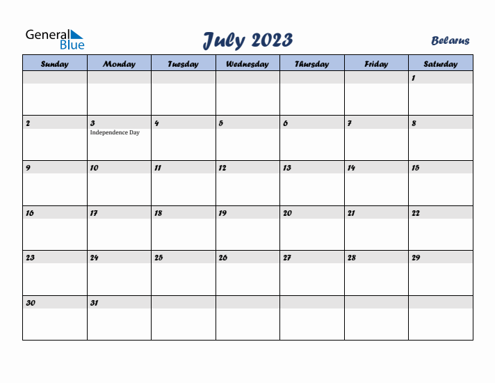 July 2023 Calendar with Holidays in Belarus
