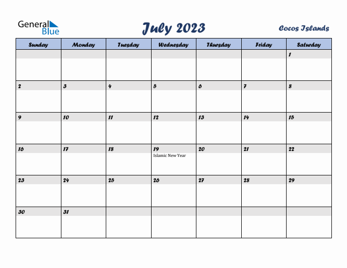 July 2023 Calendar with Holidays in Cocos Islands